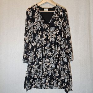 Melloday Mini Dress Womens Large Tiered Sheer Lined V-Neck Black Gold Floral